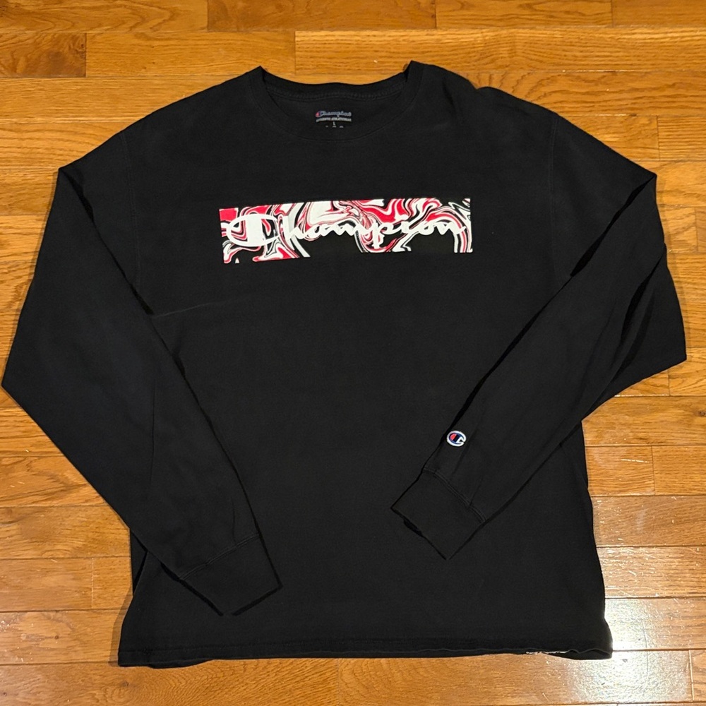 Champion long sleeve tee Black w/Red and White Graphic Size large